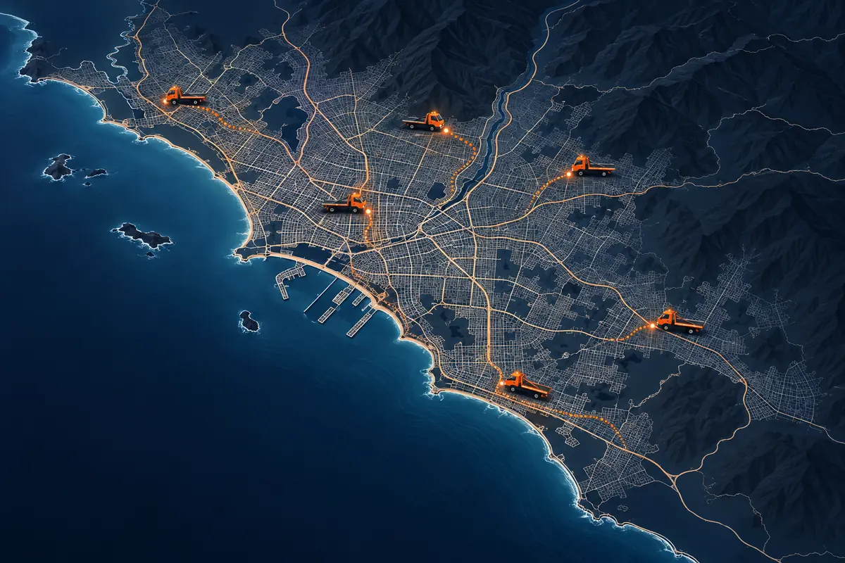 Ilustración del mapa de Lima con unidades de Grúas Elite